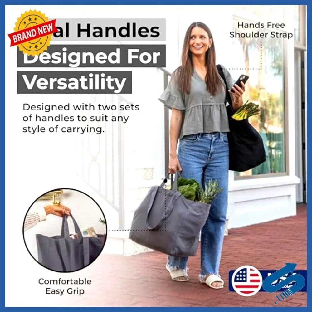 Heavy Duty Canvas Tote Set Foldable Washable Grocery Bags with Pockets